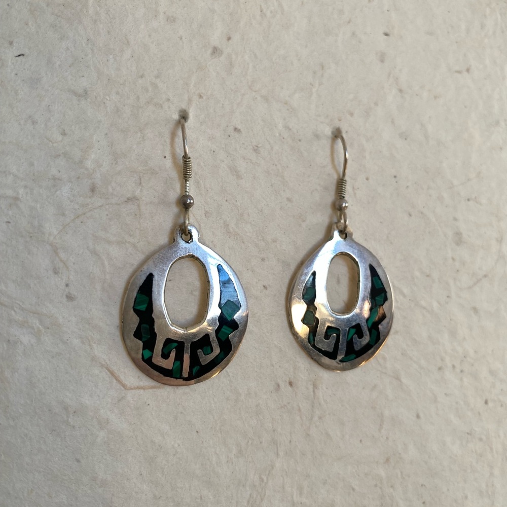 Sterling Silver Tribal Design Malachite Inlay Earrings
